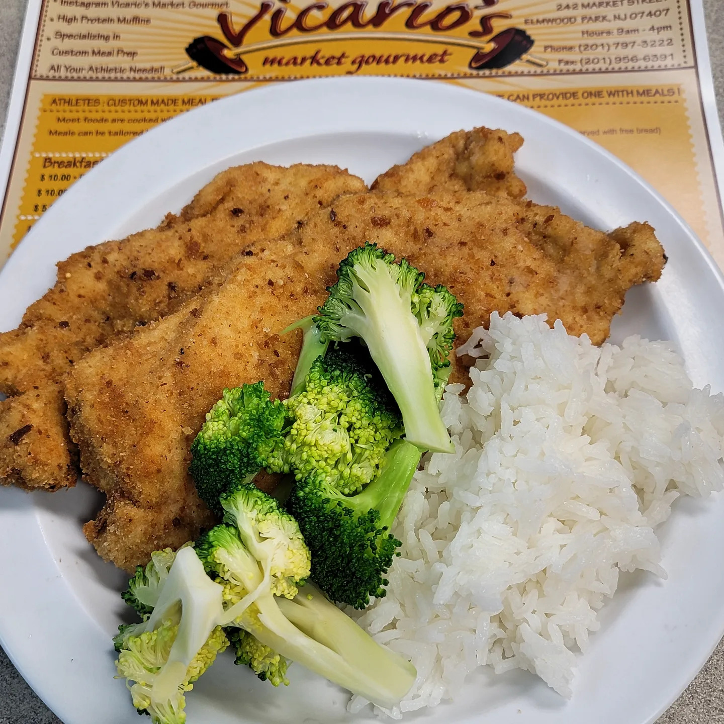 Whole Wheat Chicken Cutlet meal with rice and broccoli